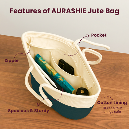 AURASHIE jute bag with features highlighted on a wooden surface