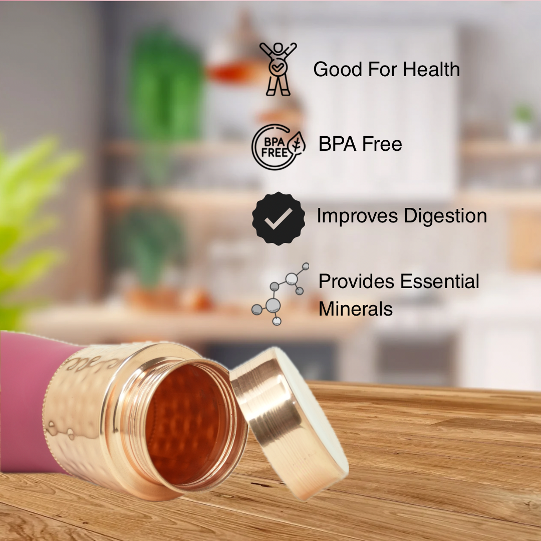 Pure Copper Water Bottle - Hammered Finish (Brown Grip Sleeve)