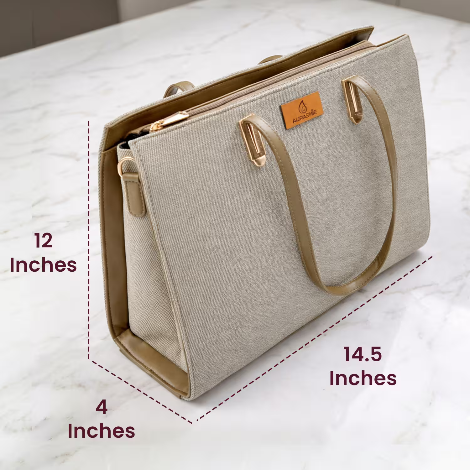 Beige handbag with measurements on a white surface
