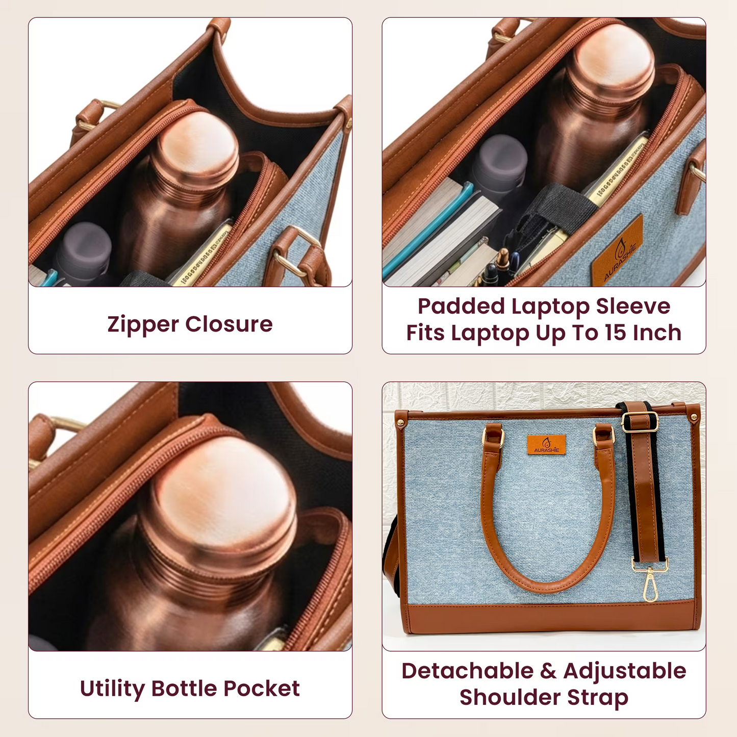 Product collage of a bag with features like zipper closure, padded laptop sleeve, utility bottle pocket, and detachable shoulder strap.