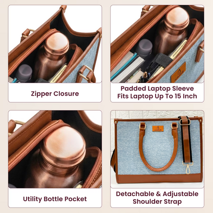 Product collage of a bag with features like zipper closure, padded laptop sleeve, utility bottle pocket, and detachable shoulder strap.