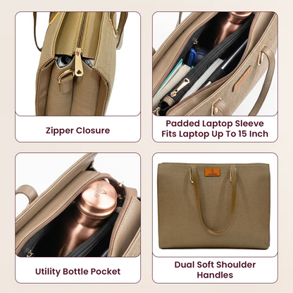 Beige laptop bag with features highlighted on a beige background
