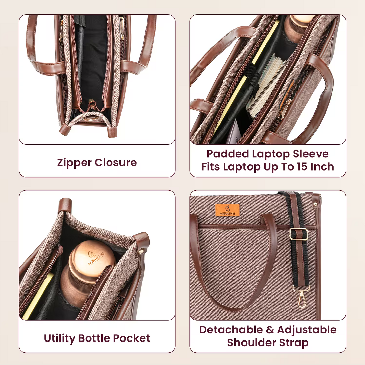 Product collage of a brown bag with features labeled on a beige background