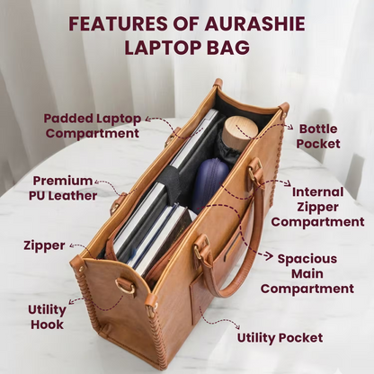 Aurashie laptop bag with labeled features on a white background