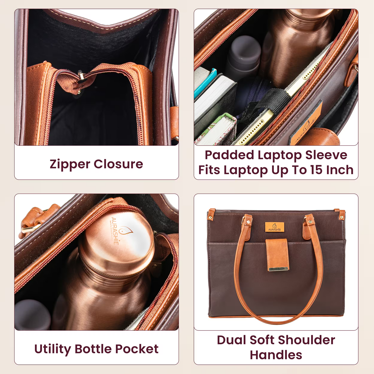 Product collage showing features of a brown bag with zipper closure, padded laptop sleeve, utility bottle pocket, and dual soft shoulder handles.