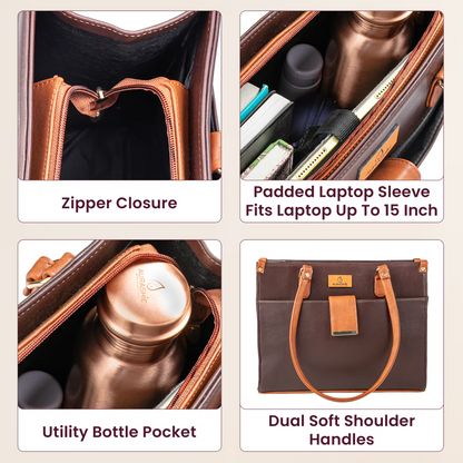 Product collage showing features of a brown bag with zipper closure, padded laptop sleeve, utility bottle pocket, and dual soft shoulder handles.