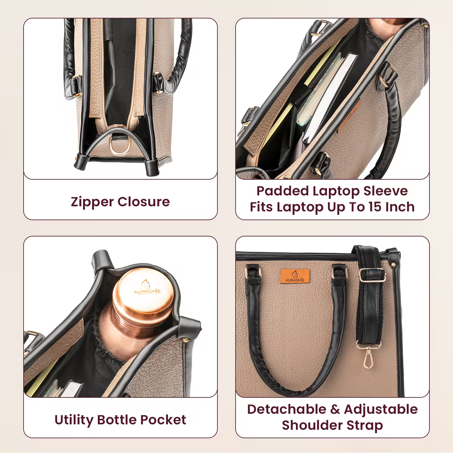 Product image with features of a bag including zipper closure, padded laptop sleeve, utility bottle pocket, and detachable shoulder strap.