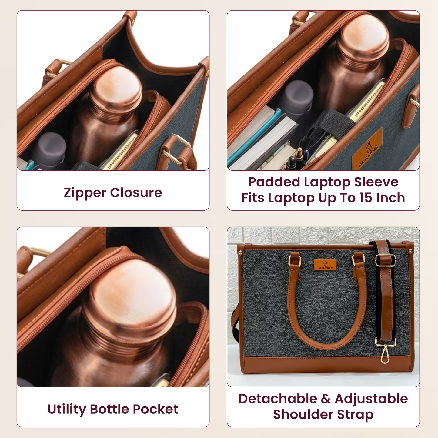 Product collage showing features of a briefcase with a bottle pocket, laptop sleeve, and shoulder strap.