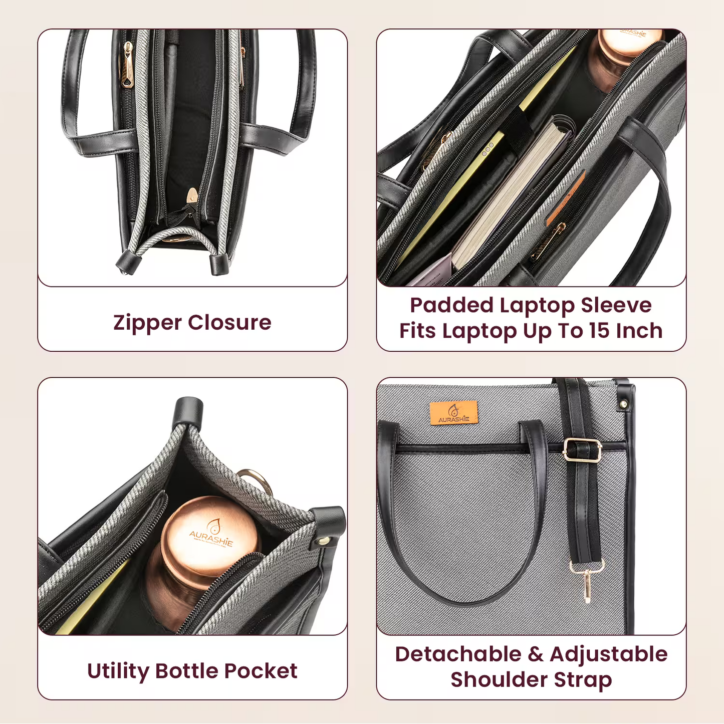 Product image collage with features of a bag including zipper closure, padded laptop sleeve, utility bottle pocket, and detachable shoulder strap.