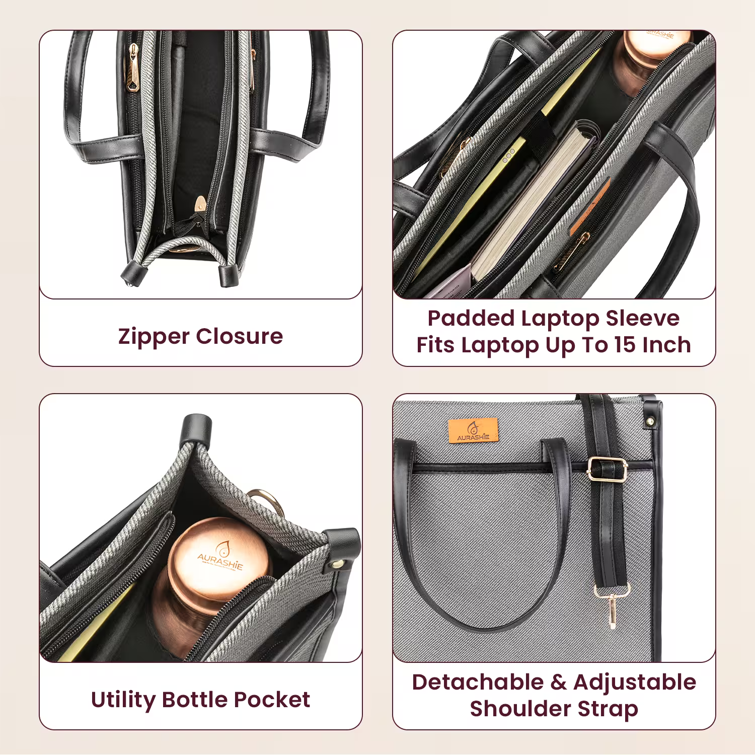 Product image collage with features of a bag including zipper closure, padded laptop sleeve, utility bottle pocket, and detachable shoulder strap.