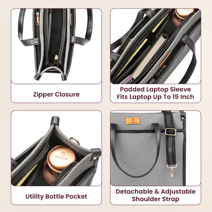 Product image collage with features of a bag including zipper closure, padded laptop sleeve, utility bottle pocket, and detachable shoulder strap.
