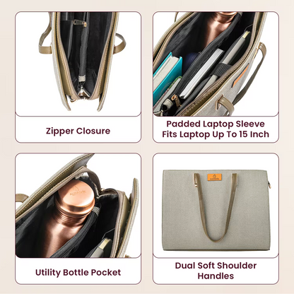 Collage of a gray laptop bag with features highlighted on a beige background