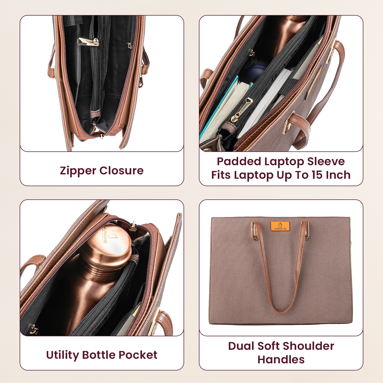 Product features of a brown bag with text labels on a beige background