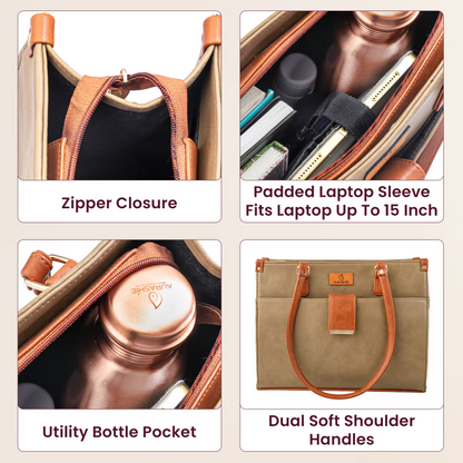 Product features of a bag with zipper closure, padded laptop sleeve, utility bottle pocket, and dual soft shoulder handles.