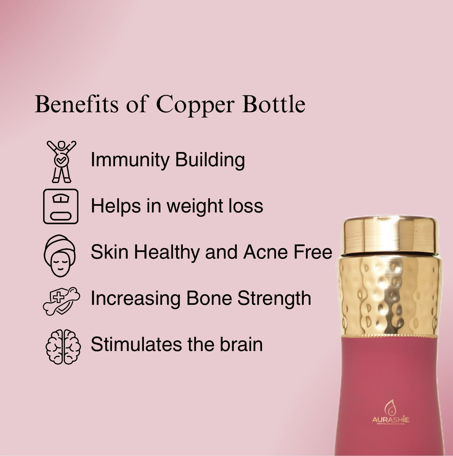 Pure Copper Water Bottle - Hammered Finish (Brown Grip Sleeve)