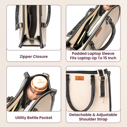 Product features of a backpack with text labels on a beige background