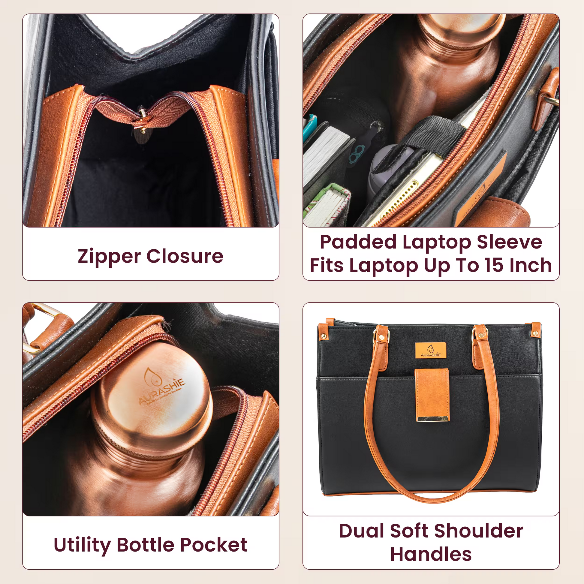 Product features of a black and orange bag with text labels on a beige background