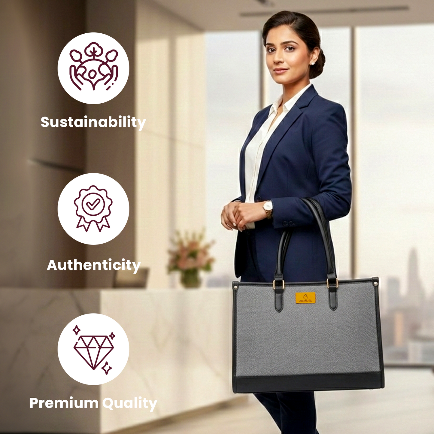 Woman in a professional setting holding a gray bag with sustainability, authenticity, and premium quality icons.
