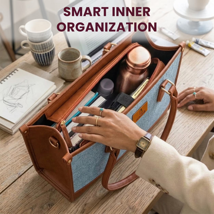 Handbag with organized items on a desk, text 'Smart Inner Organization' above.
