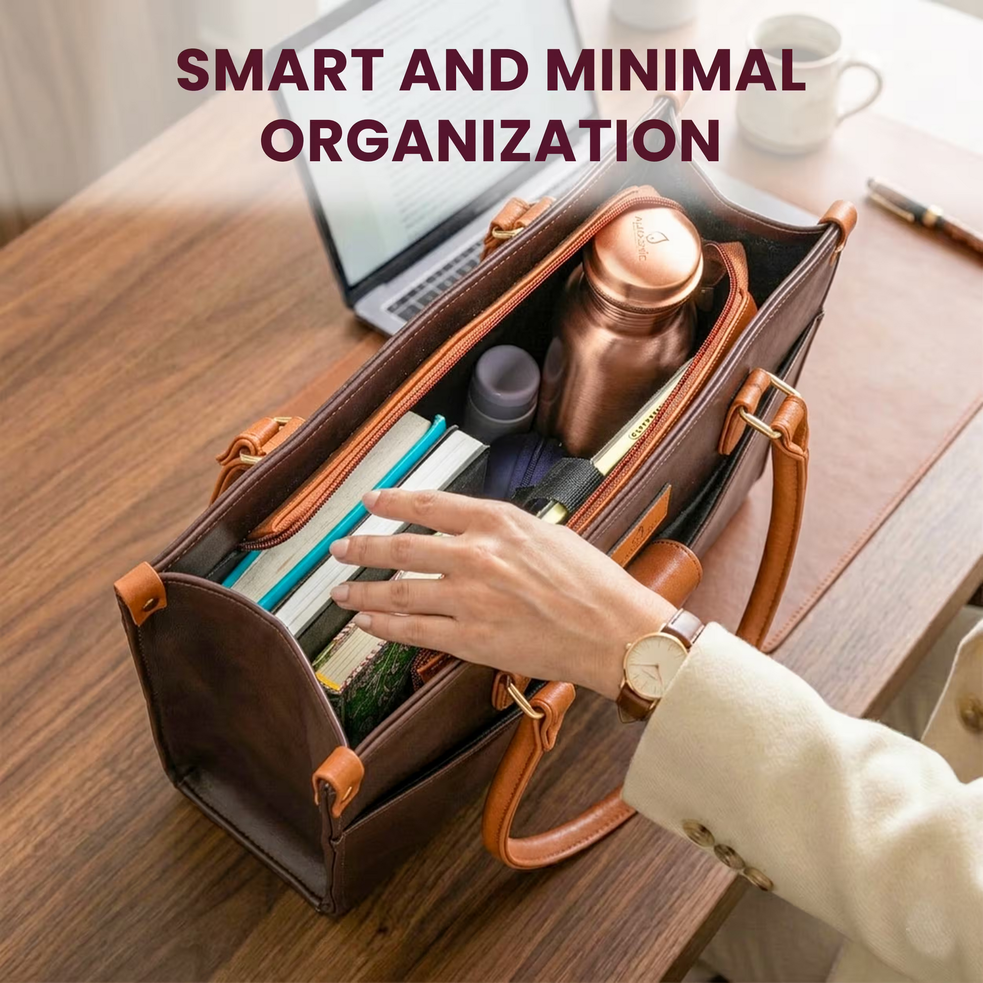 Handbag with organized items on a desk, with text 'Smart and Minimal Organization'.