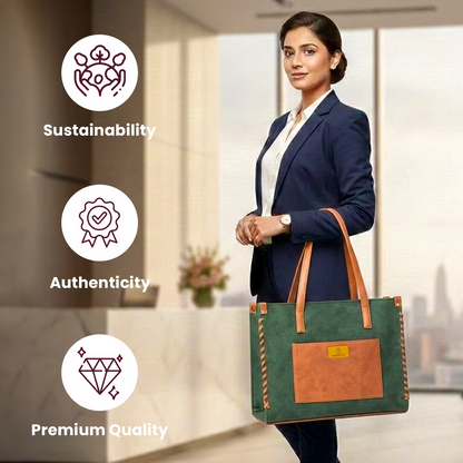 Woman holding a green and brown handbag with sustainability, authenticity, and premium quality icons and text.