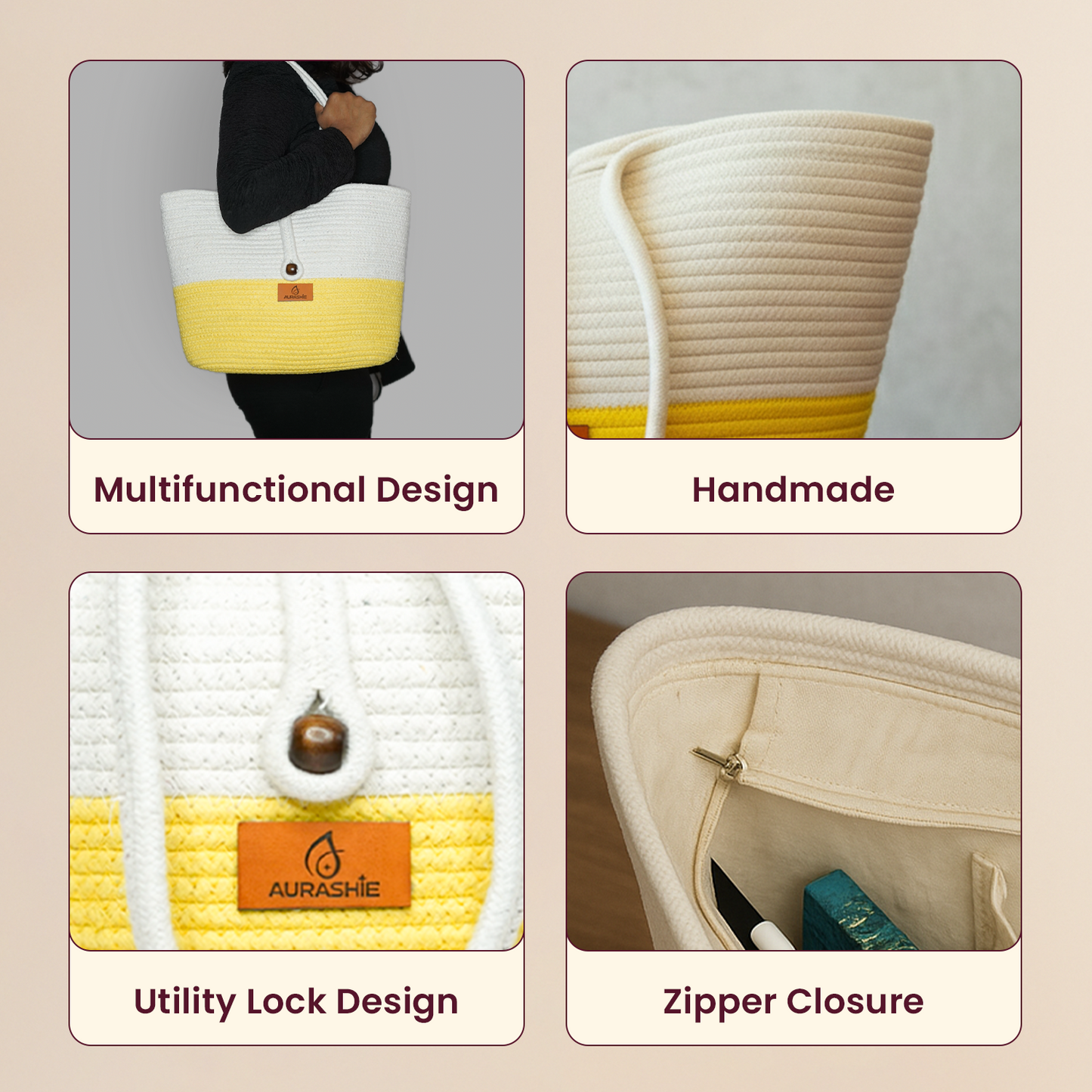 Collage of a handbag with features labeled 'Multifunctional Design', 'Handmade', 'Utility Lock Design', and 'Zipper Closure'.