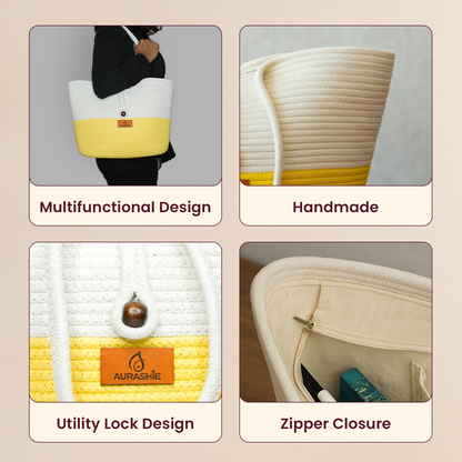 Collage of a handbag with features labeled 'Multifunctional Design', 'Handmade', 'Utility Lock Design', and 'Zipper Closure'.
