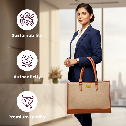 Woman in a professional setting holding a brown leather bag with sustainability, authenticity, and premium quality icons.