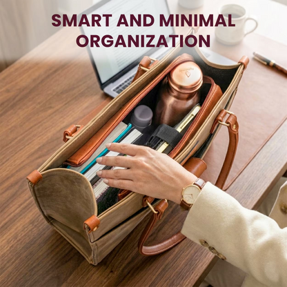 Handbag with organized items on a desk, with text 'Smart and Minimal Organization'.