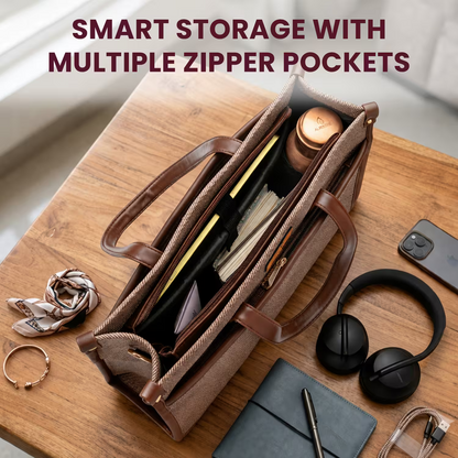 Brown leather briefcase with multiple zipper pockets on a wooden surface, containing various items.