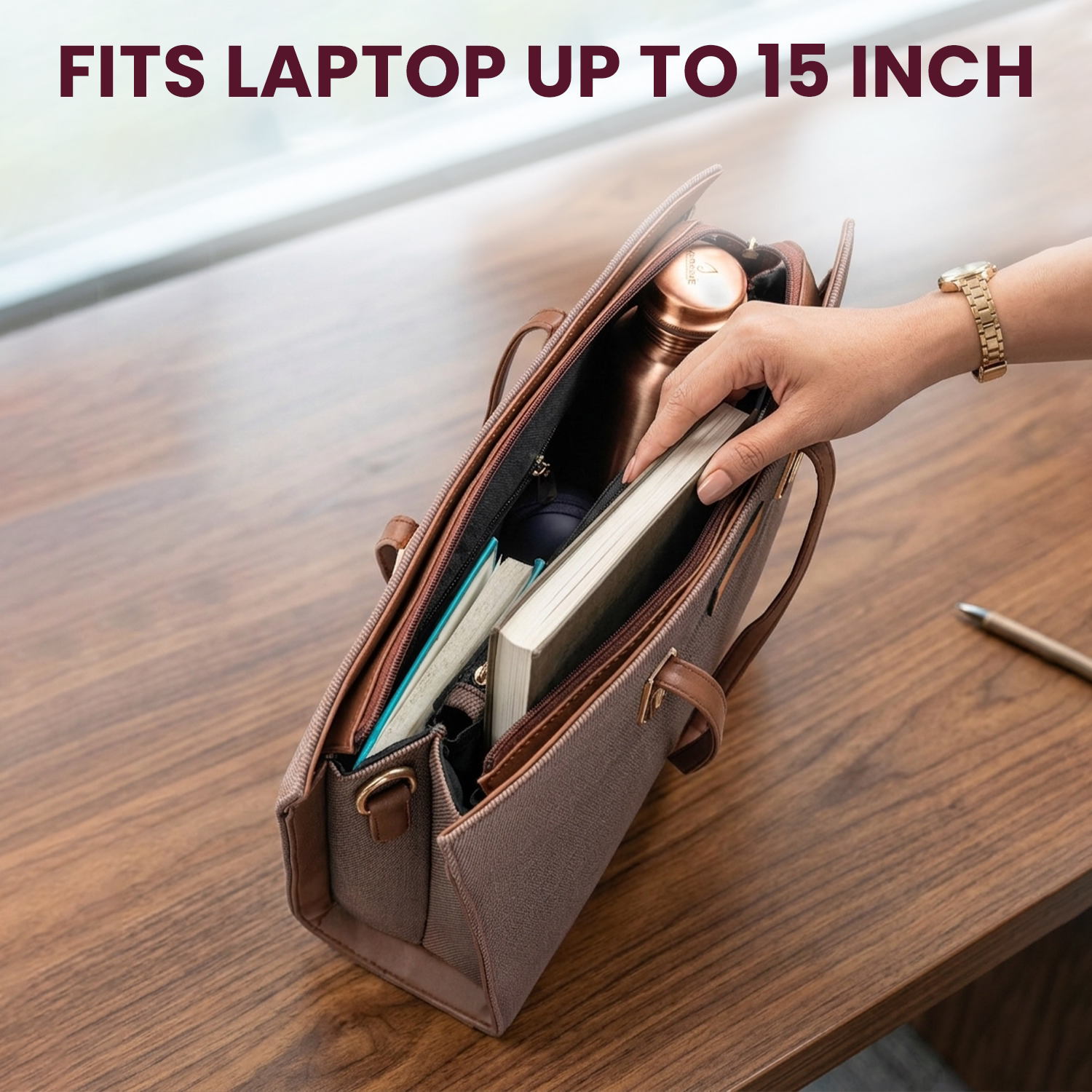 Brown leather briefcase with laptop compartment on a wooden surface, text indicating laptop size compatibility.