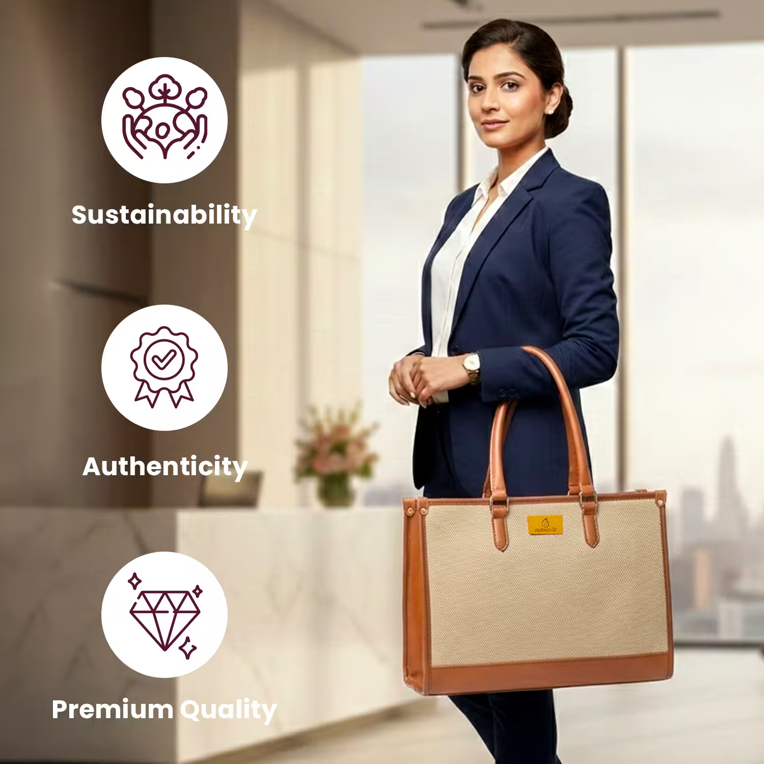 Woman in a professional setting holding a brown and beige handbag with sustainability, authenticity, and premium quality icons.