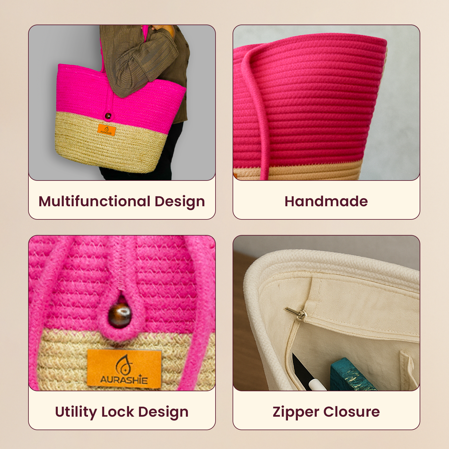 Collage of a pink and beige handbag with features labeled on a beige background