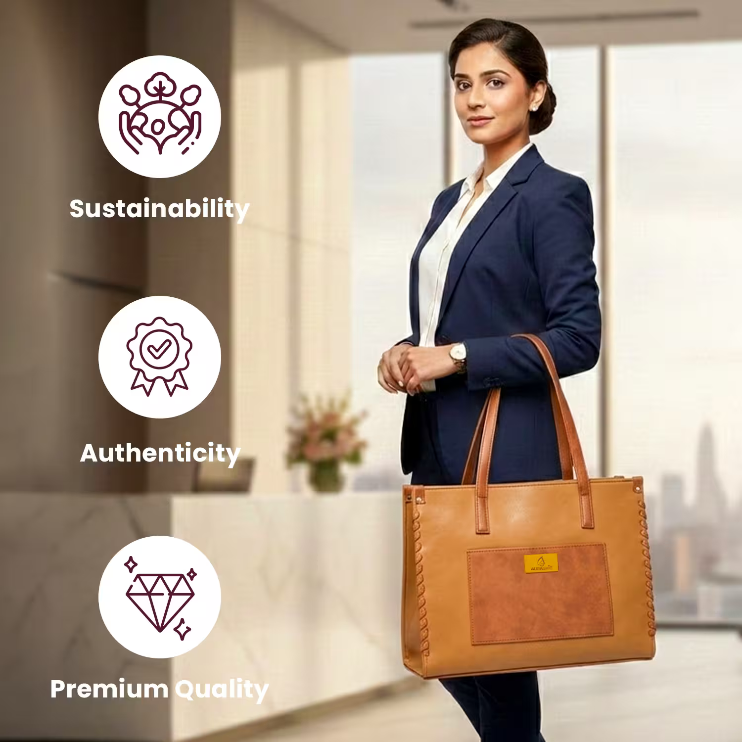 Woman in a professional setting holding a brown leather bag with sustainability, authenticity, and premium quality icons.