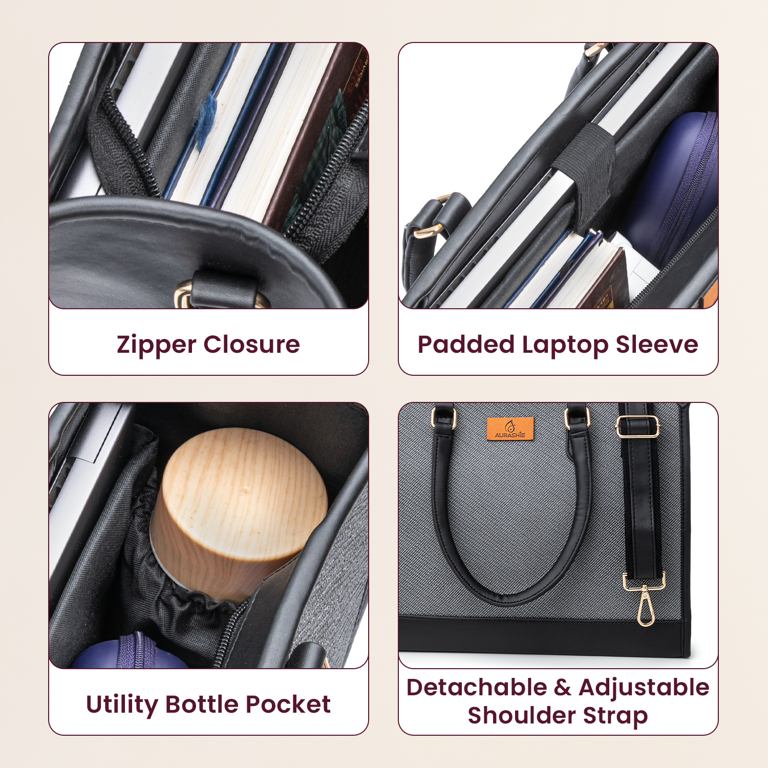 Product features including zipper closure, padded laptop sleeve, utility bottle pocket, and detachable shoulder strap on a beige background.
