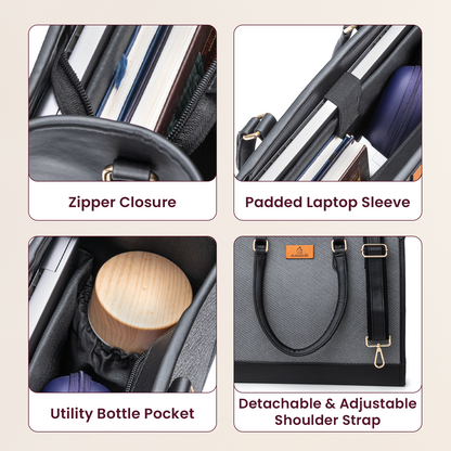 Product features including zipper closure, padded laptop sleeve, utility bottle pocket, and detachable shoulder strap on a beige background.