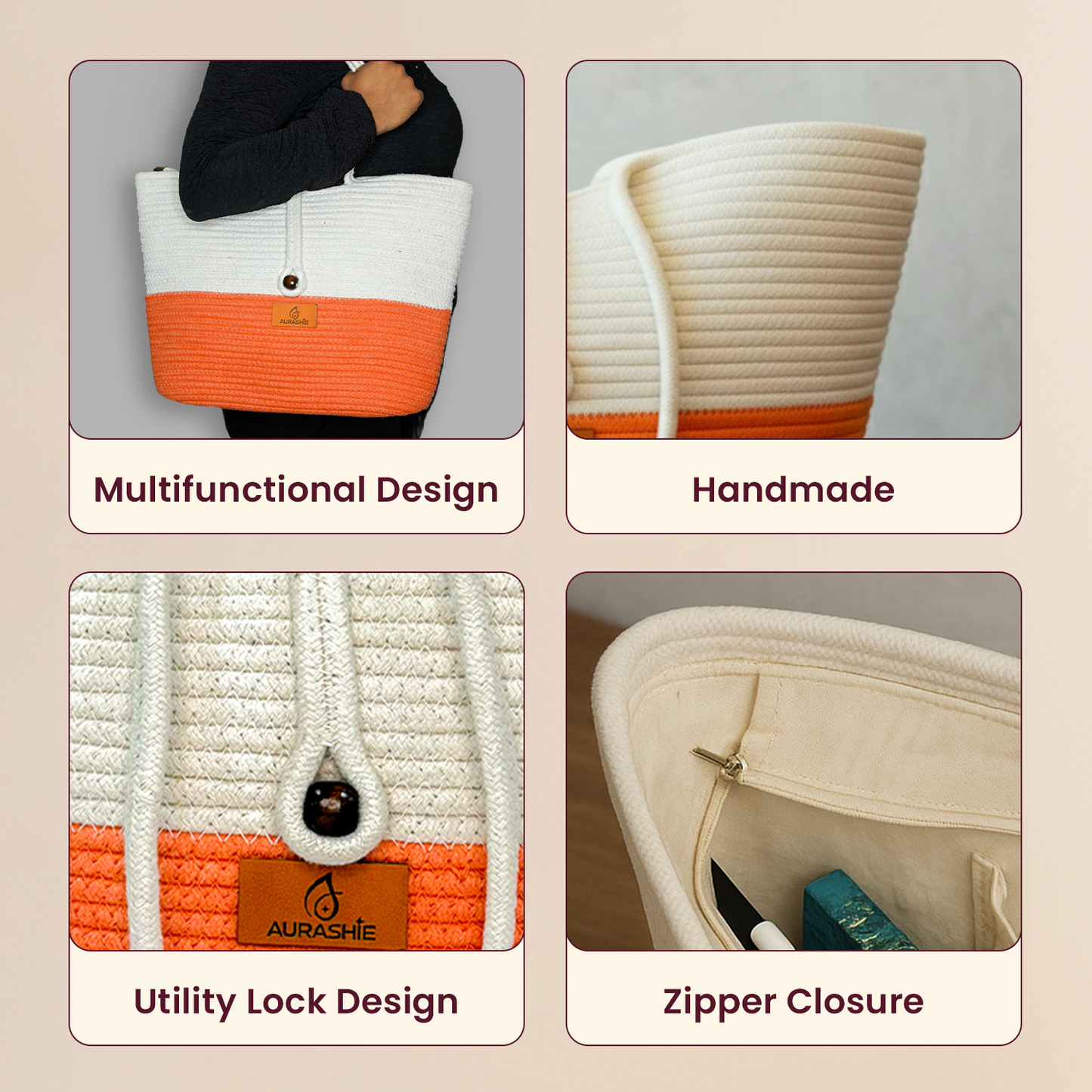 Multifunctional handbag with orange and white design, featuring utility lock and zipper closure.