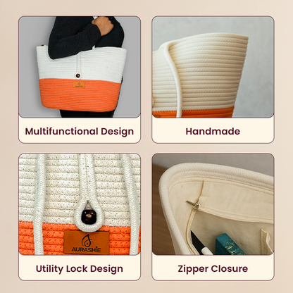 Multifunctional handbag with orange and white design, featuring utility lock and zipper closure.