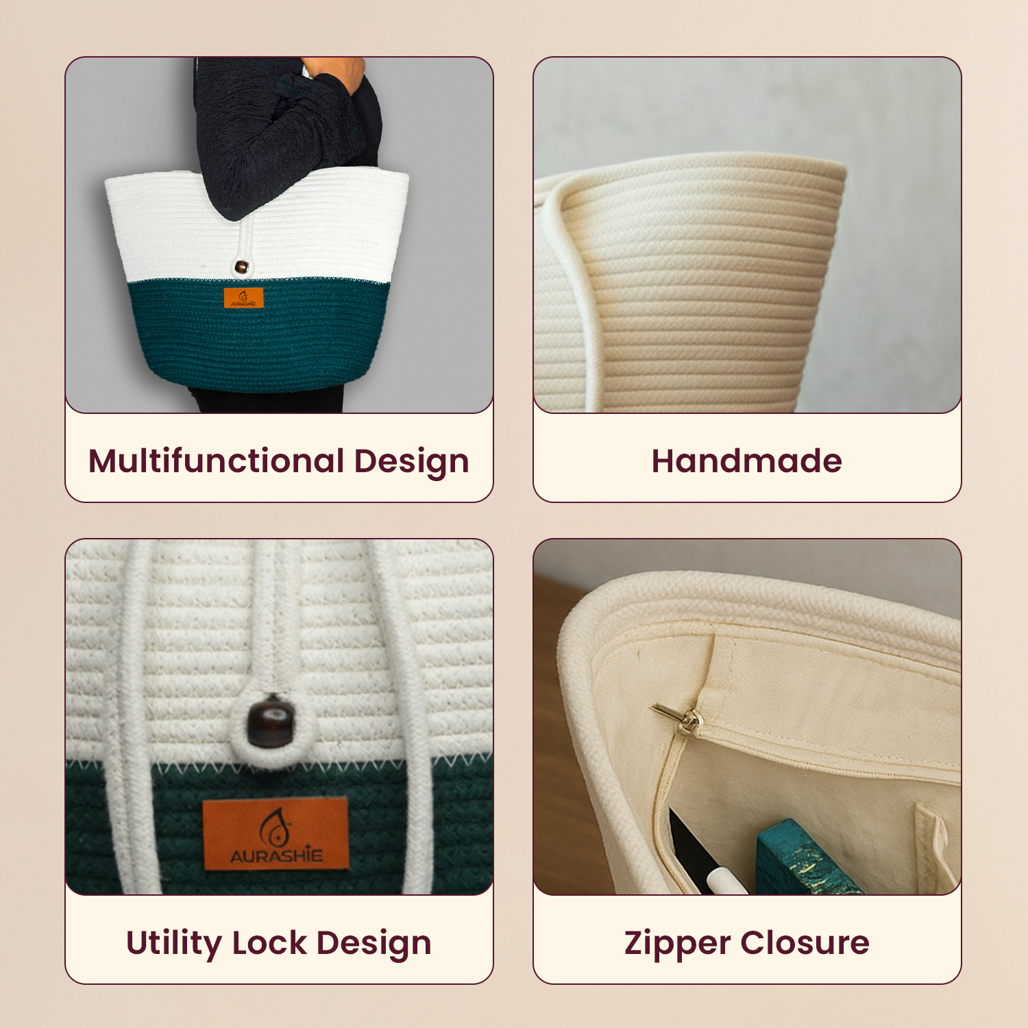 Product collage showcasing a bag with multifunctional design, handmade quality, utility lock, and zipper closure.