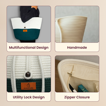 Product collage showcasing a bag with multifunctional design, handmade quality, utility lock, and zipper closure.