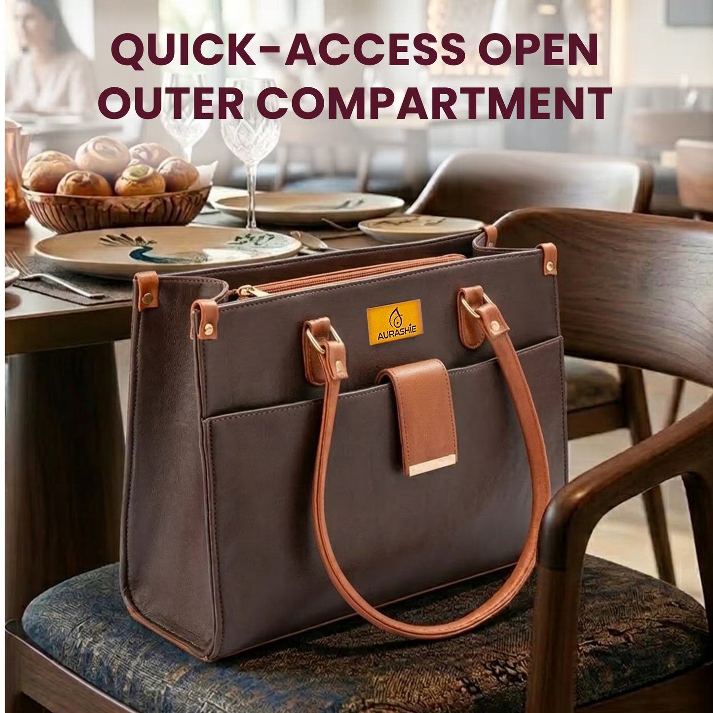Brown handbag with quick-access open outer compartment on a chair in a dining area.