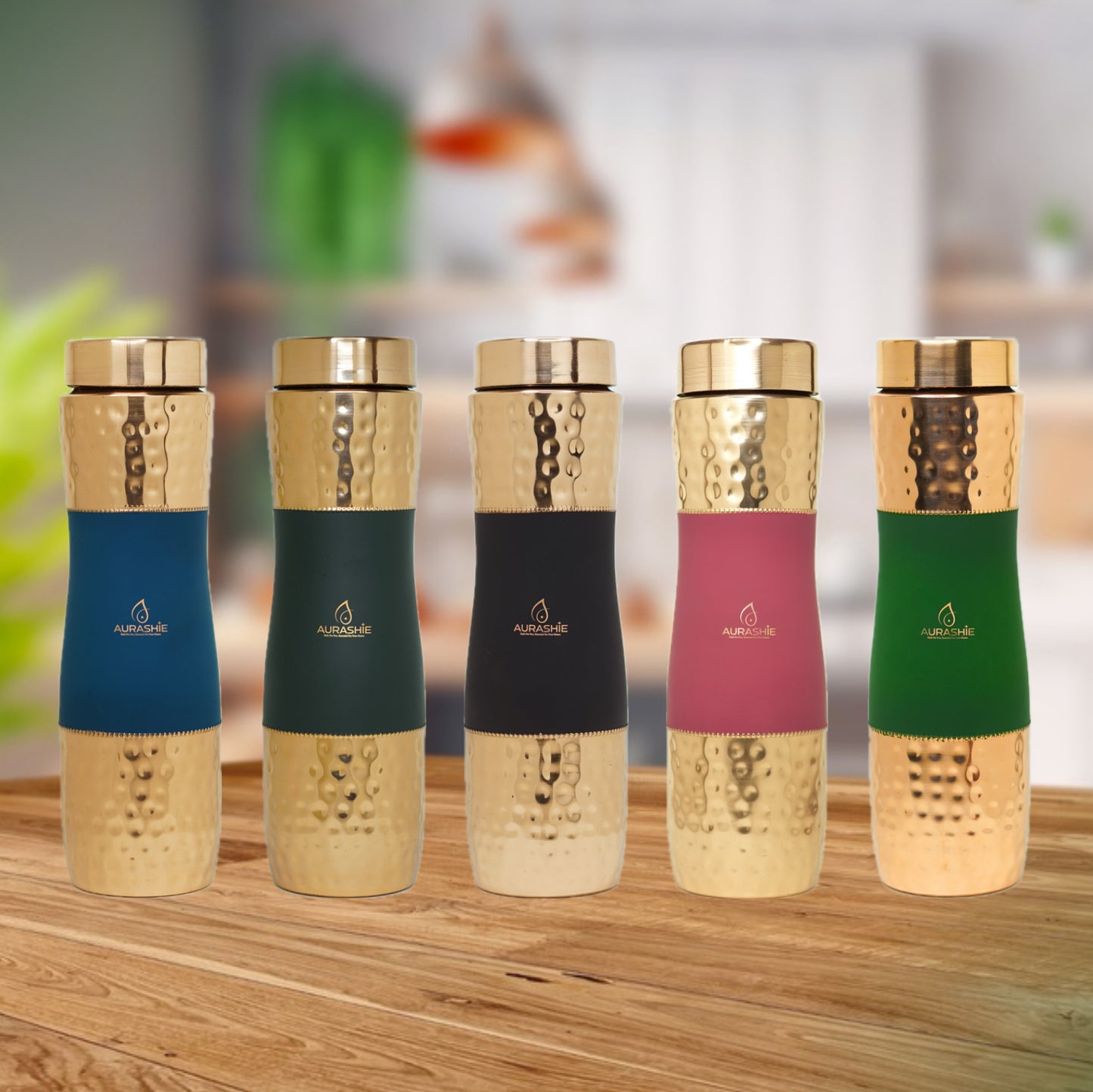 Pure Copper Water Bottle - Hammered Finish (Brown Grip Sleeve)