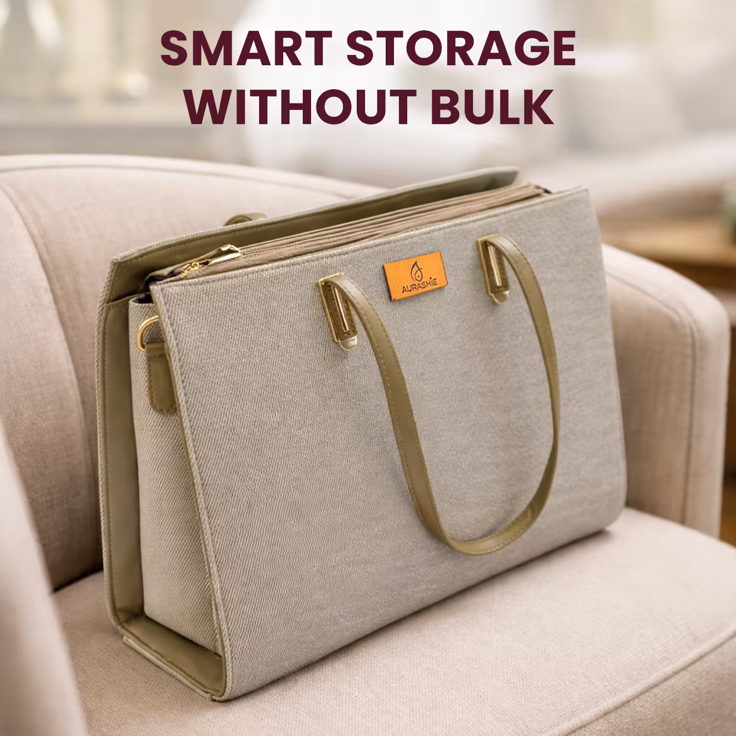 Beige storage bag with gold handles and trim on a beige couch, with text 'Smart Storage Without Bulk' above.
