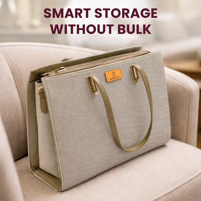 Beige storage bag with gold handles and trim on a beige couch, with text 'Smart Storage Without Bulk' above.