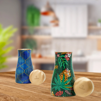 Copper Bedside Bottle with 2 Glass Set (Green Multicolor)