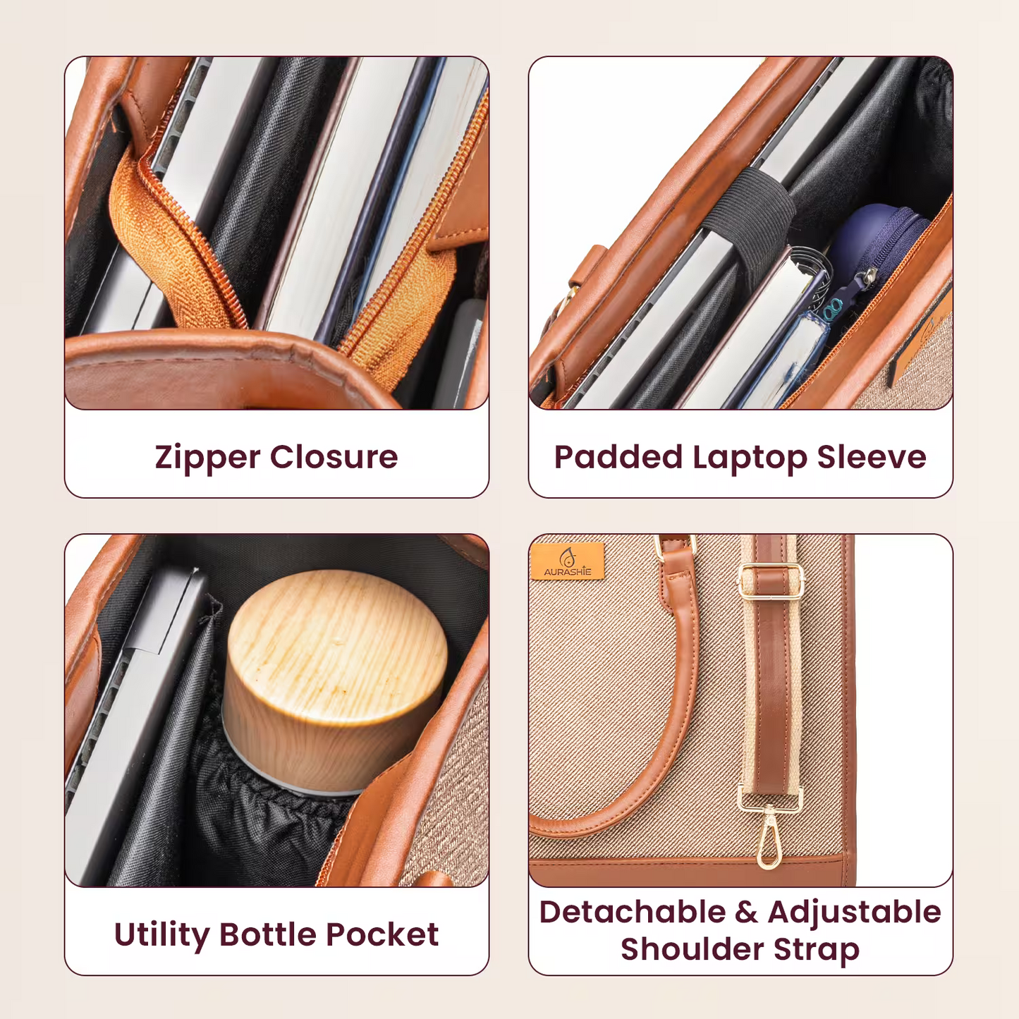 Product features including zipper closure, padded laptop sleeve, utility bottle pocket, and detachable shoulder strap on a beige background.