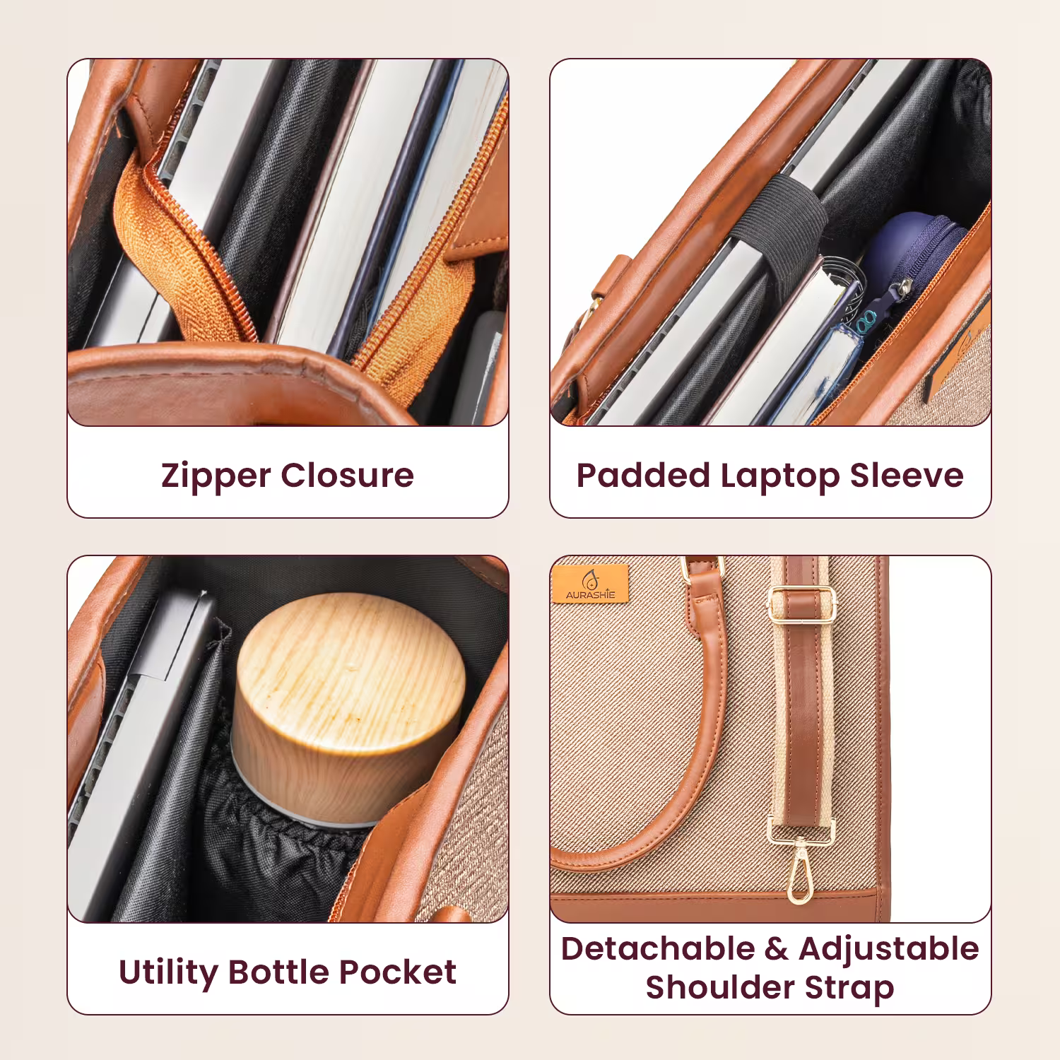 Product features including zipper closure, padded laptop sleeve, utility bottle pocket, and detachable shoulder strap on a beige background.