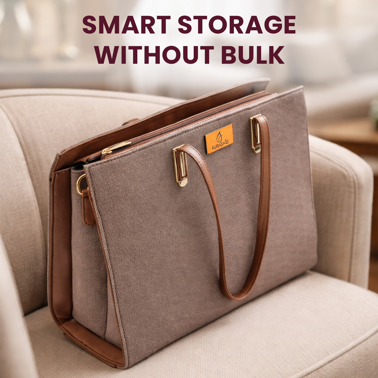 Brown storage bag with leather handles on a beige couch, text 'Smart Storage Without Bulk' above.