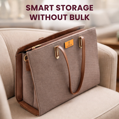 Brown storage bag with leather handles on a beige couch, text 'Smart Storage Without Bulk' above.