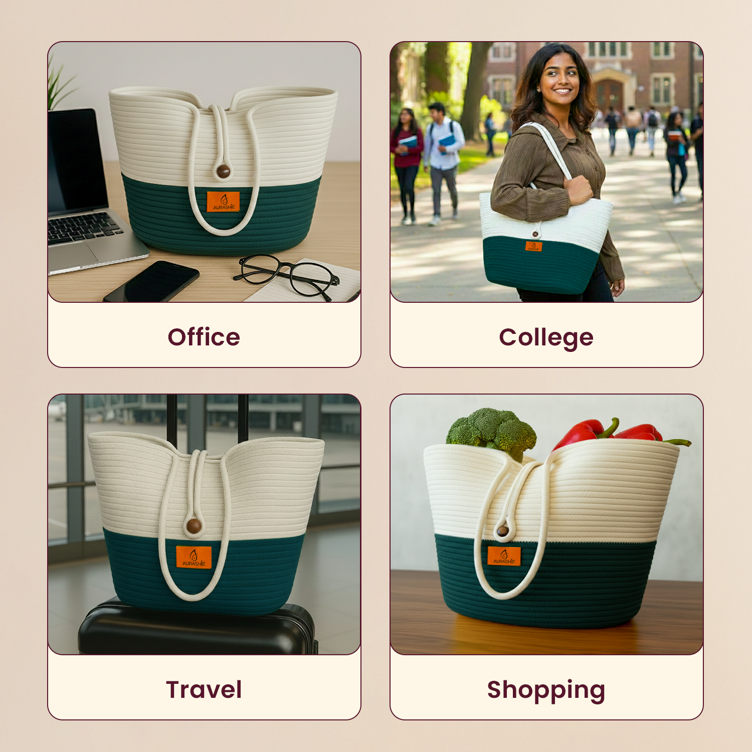 Multifunctional bag used in various settings like office, college, travel, and shopping.